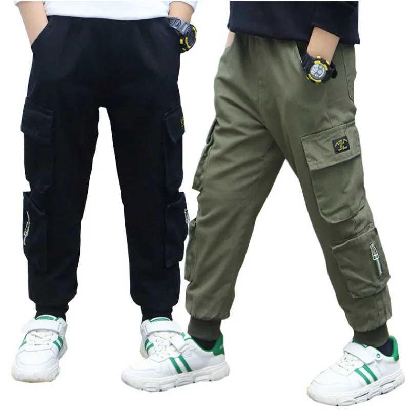 Spring Autumn Boys Kids Cotton Fashion Handsome Pocket Pants Elastic Waist Trousers Teenage Outdoor Casual Sport Pant3-12 Years