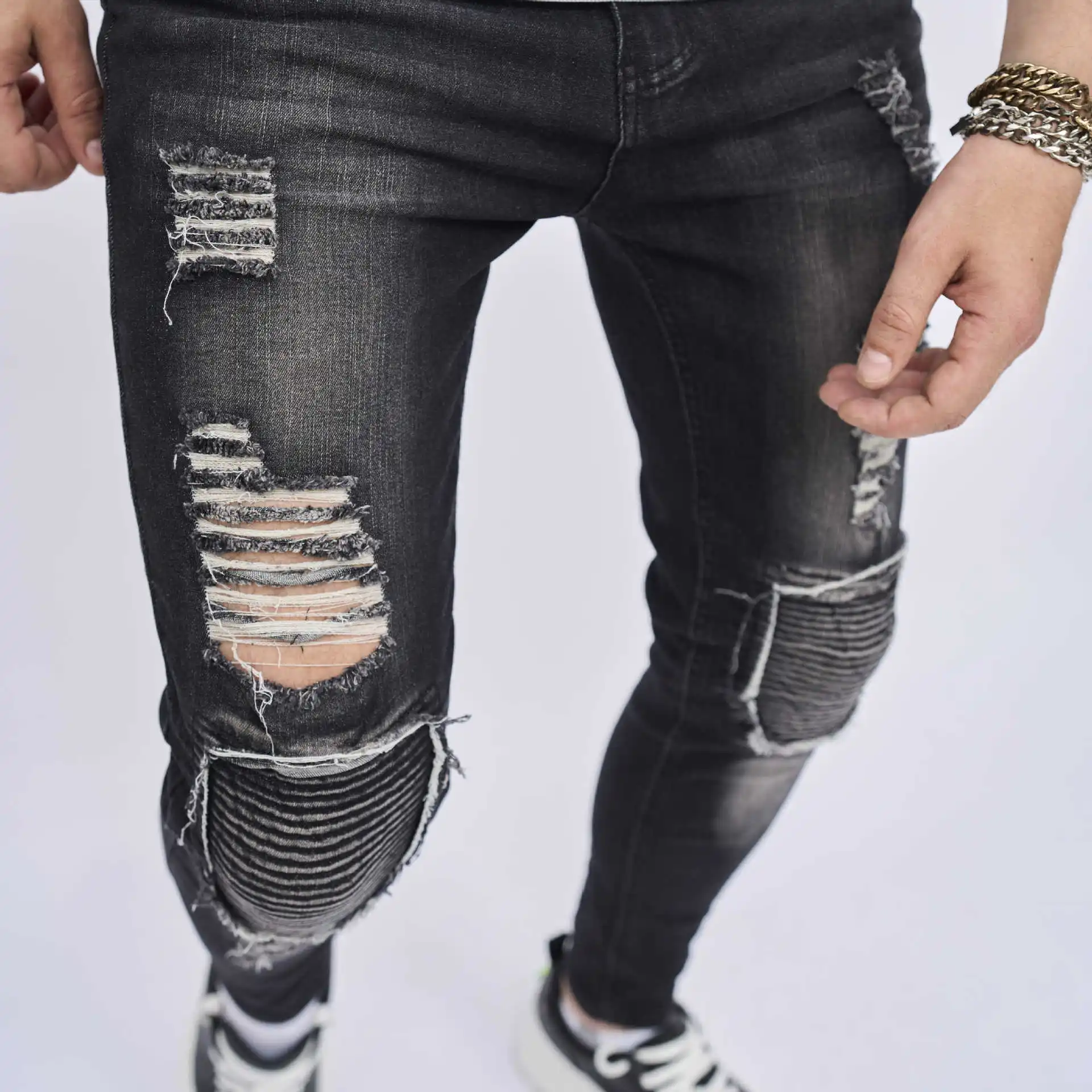 Men's Hip Hop Youth Street Black Jenas Fashion Stretchy Ripped Skinny Big Size Men Denim Pants Mens Casual  Designer  Trousers