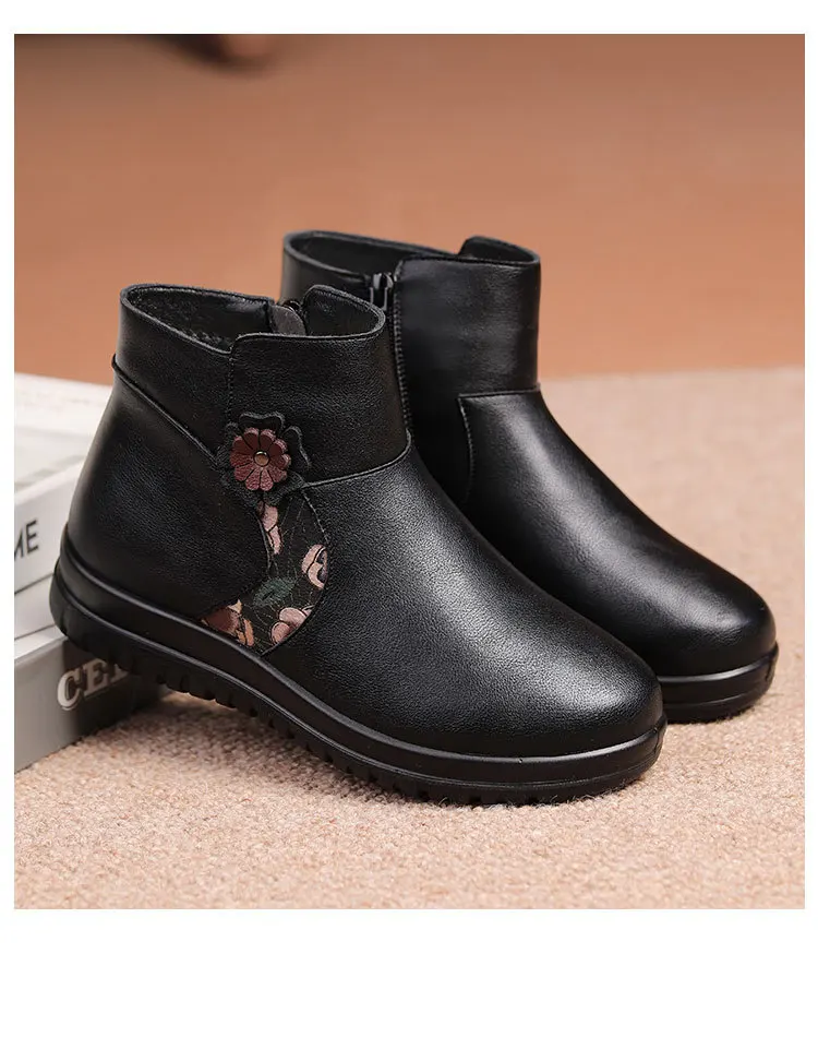 Botas de cuero informales para mujer, botines cálidos de felpa gruesa, tacón plano, color negro, invierno, 2023