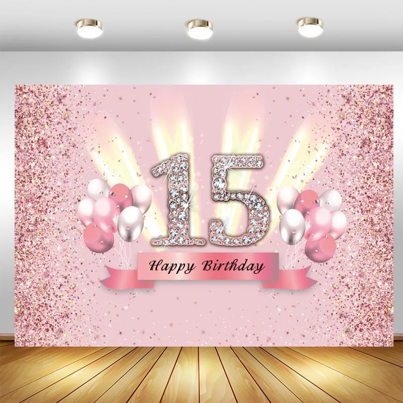 Pink 15th Photo Backdrop Balloon Girls 15 Years Old Birthday Party Photography Background Photo Studio Props Decoration Banner