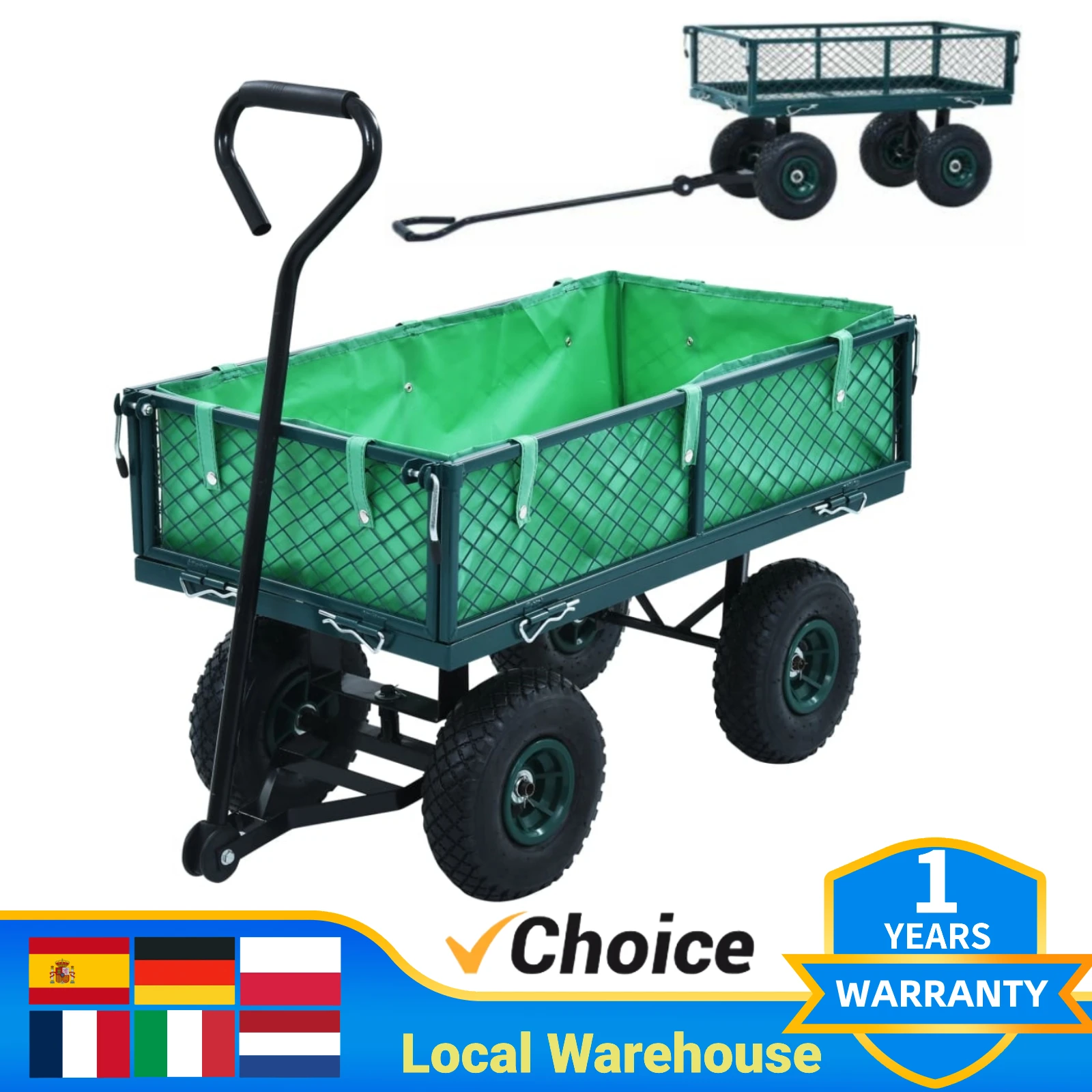 Garden Cart Heavy Duty 350kg Capacity with Removable Mesh Sides to Convert into Flatbed Metal Wagon