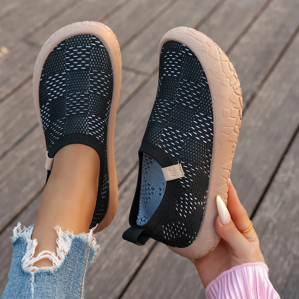 Atmungsaktive Damen-Slip-On-Sneaker mit Plateau, dicker Gummisohle, leicht, rutschfest, für Outdoor, Walking, Alltag und Freizeit – Detail 8