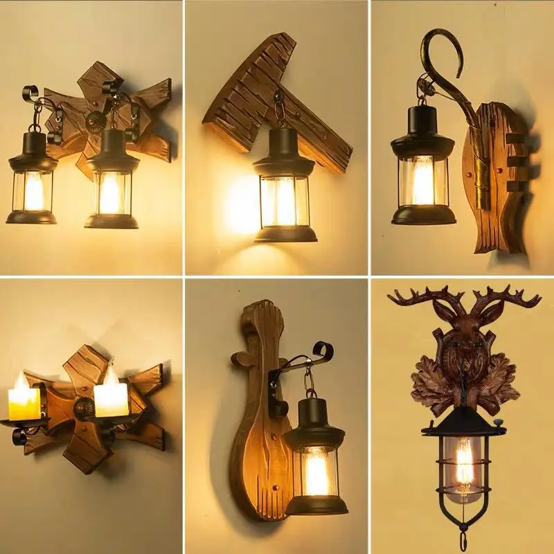 

Industrial Vintage Wood Wall Lamp Ship Wood Design for Hallway Bedroom
