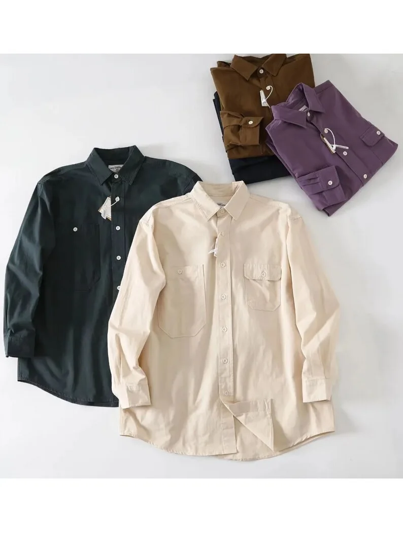 

Retro American Fashion Men's Cotton Work Shirt Spring Summer Loose Fit Long Sleeve Turn-down Collar Casual Shirt