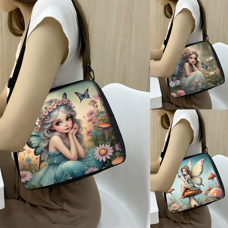 

Cartoon Mushroom Fairy with Wing Print Shoulder Bags Women Handbag for Travel Girls Messenger Bag Phone Holder Storage Bags