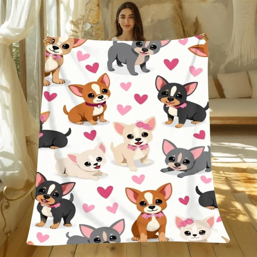 Newest Blue Plaid Paw Print Heart Repeat Pattern Flannel Throw Blanket, Light Cozy Pet Lover Blanket for Sofa Bed Indoor Use