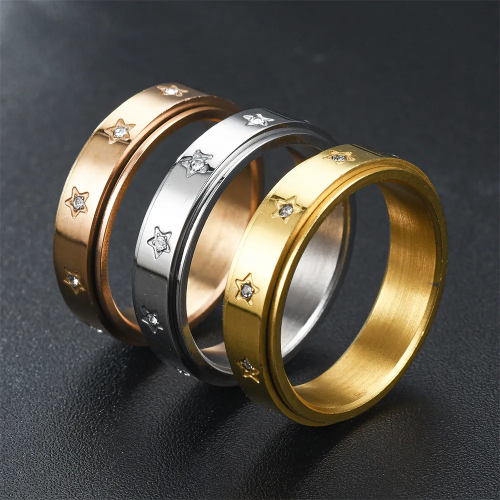 

Fashion Stainless Steel Jewelry For Women Waterproof Clear Crystal Zircon Setted Star Ring Free Rotation Anxiety Jewelry