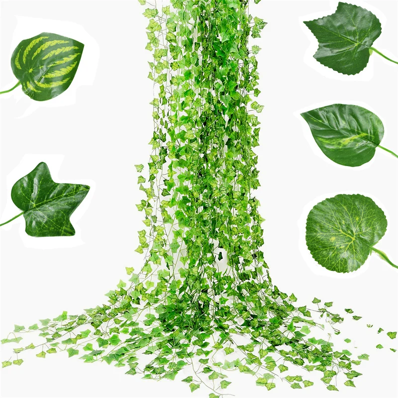 

12pcs 2.2M Artificial Plant Green Ivy Leaf Wall Hanging Vine Home Garden Decoration Wedding Party DIY Fake Wreath Leaves