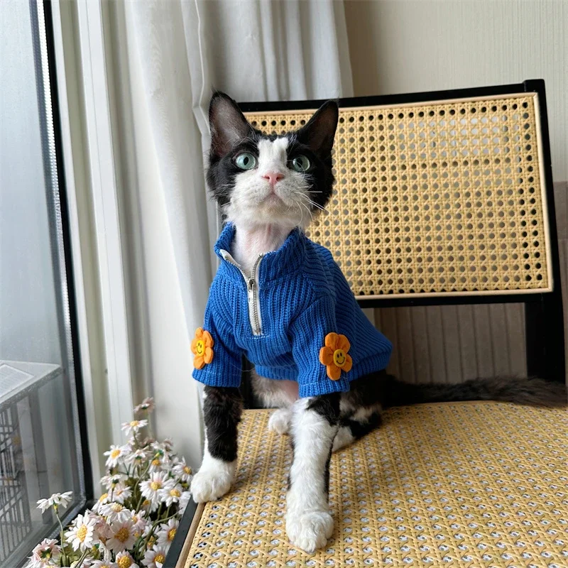 New Year's Stand-up Collar Zipper Cute Small Flower Sweater Devon Cat Clothes Hairless Cat Sweater Warm Pet Suplies