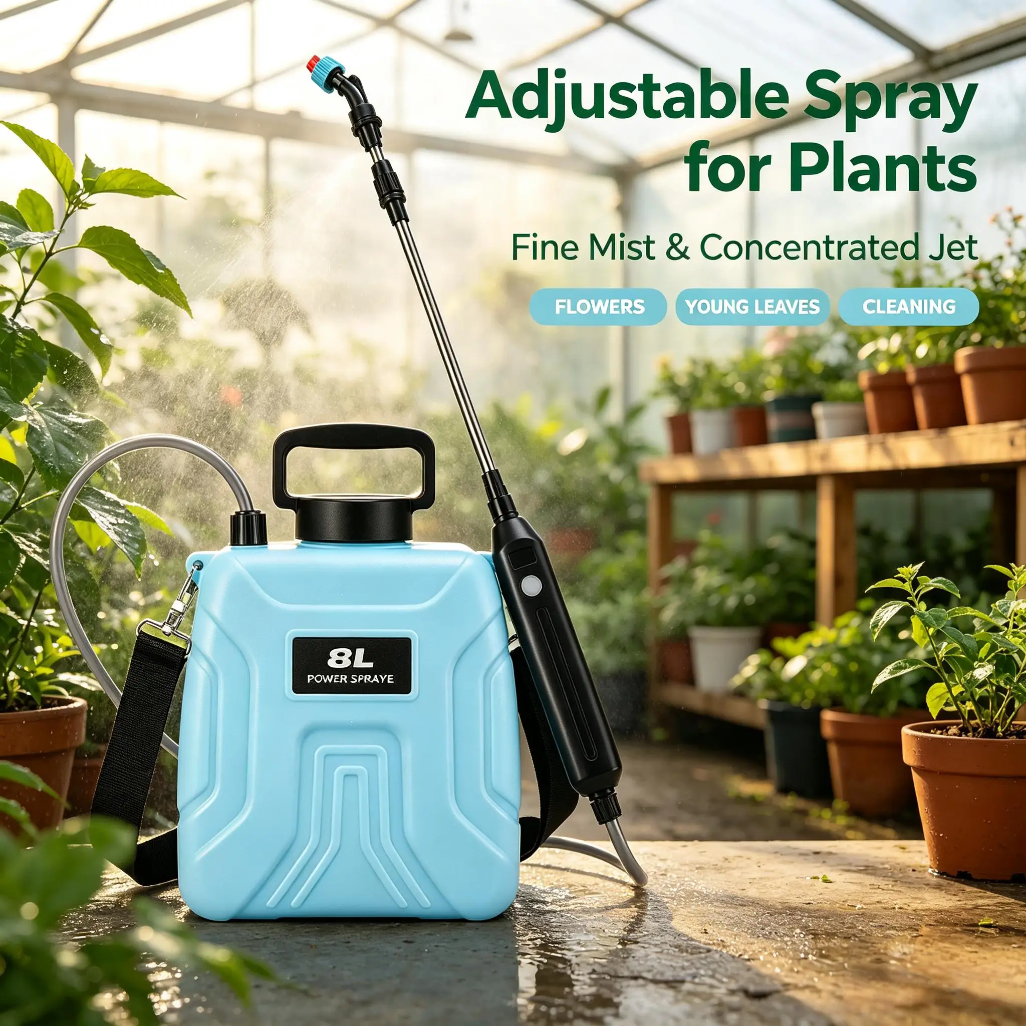 8L Electric Sprayer Adjustable Nozzle 360° Rotating Rechargeable Battery for Garden Plant Watering Cleaning