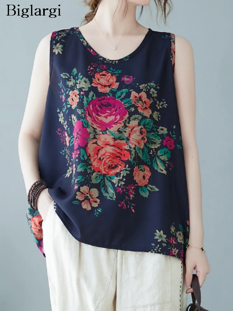 Oversized Summer Flower Floral Print Sleeveless Vest Tops Women Casual Loose Pleated Ladies Blouses Fashion Woman Vests Tops