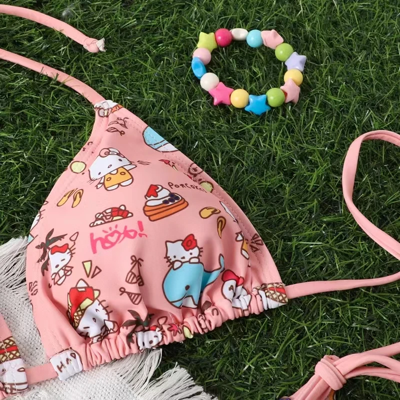 Nowy 2-częściowy zestaw bikini Sanrio Hello Kitty Kawaii Y2K Summer 2024 Nowy damski strój kąpielowy plażowy z paskami Seksowne stroje kąpielowe dla