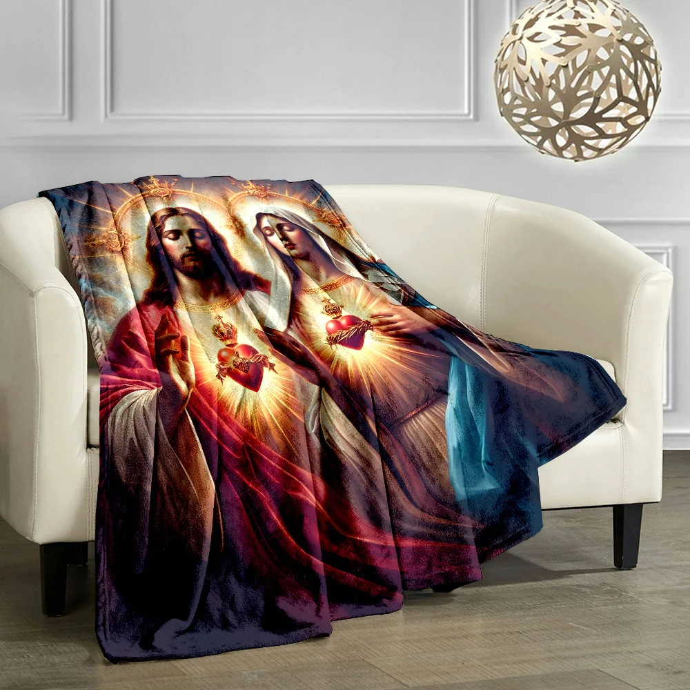 Soft & Warm Christian Jesus and Virgin Mary Throw Blanket Perfect for Sofa, Office, Bed, and Camping
