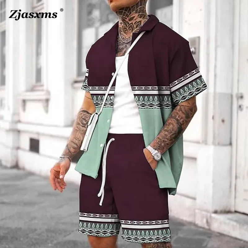 

Man Two Piece Suit Men Casual Hawaiian Print Shirts Holiday Beach Outfits Men's Short Sleeved Shorts Suits Drawstring Pocket Set