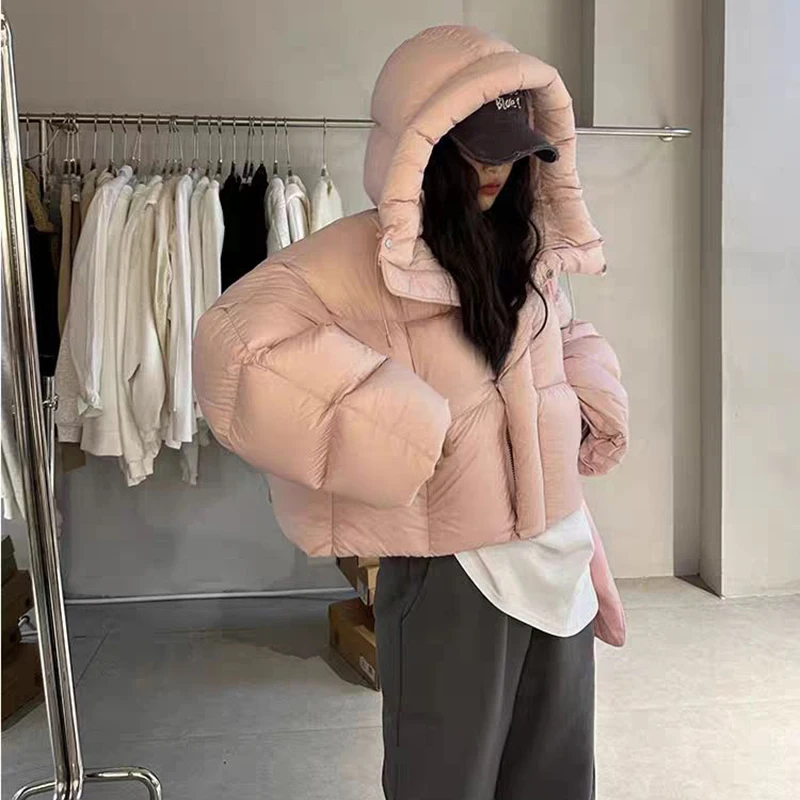 2024 Winter White Duck Down Hooded Puffer Jacket Thick Warmer Oversize Jacket Cotton Long Sleeve Zipper Padded Coat Female