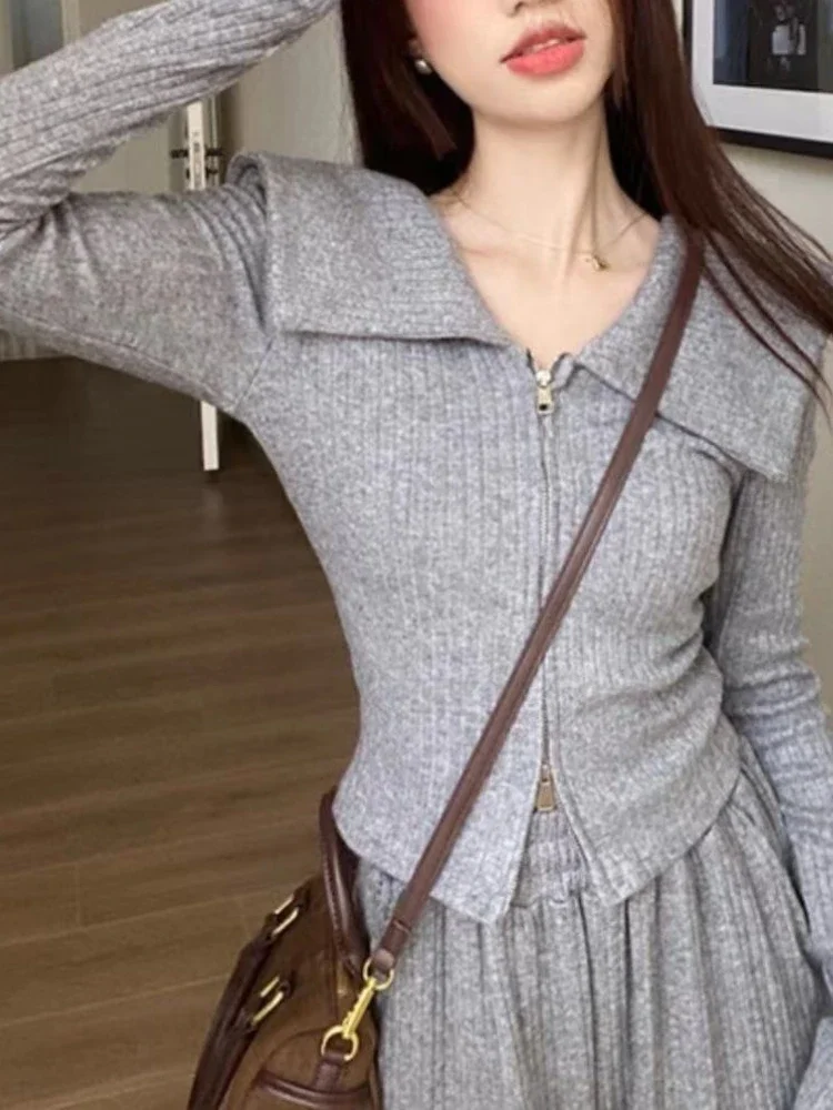 Korean Fashion Women Sets Sailor Collar Two-way Zipper Shirt Long-sleeve High Waist Straight High Quality Long Pant Two Pieces