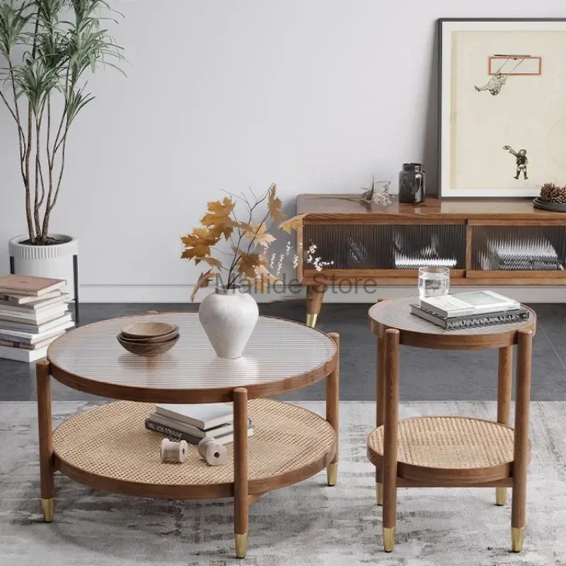 

Japanese Solid Wood Round Coffee Tables Nordic Household Furniture Rattan Square Corner Table Modern Simple Glass Round Table