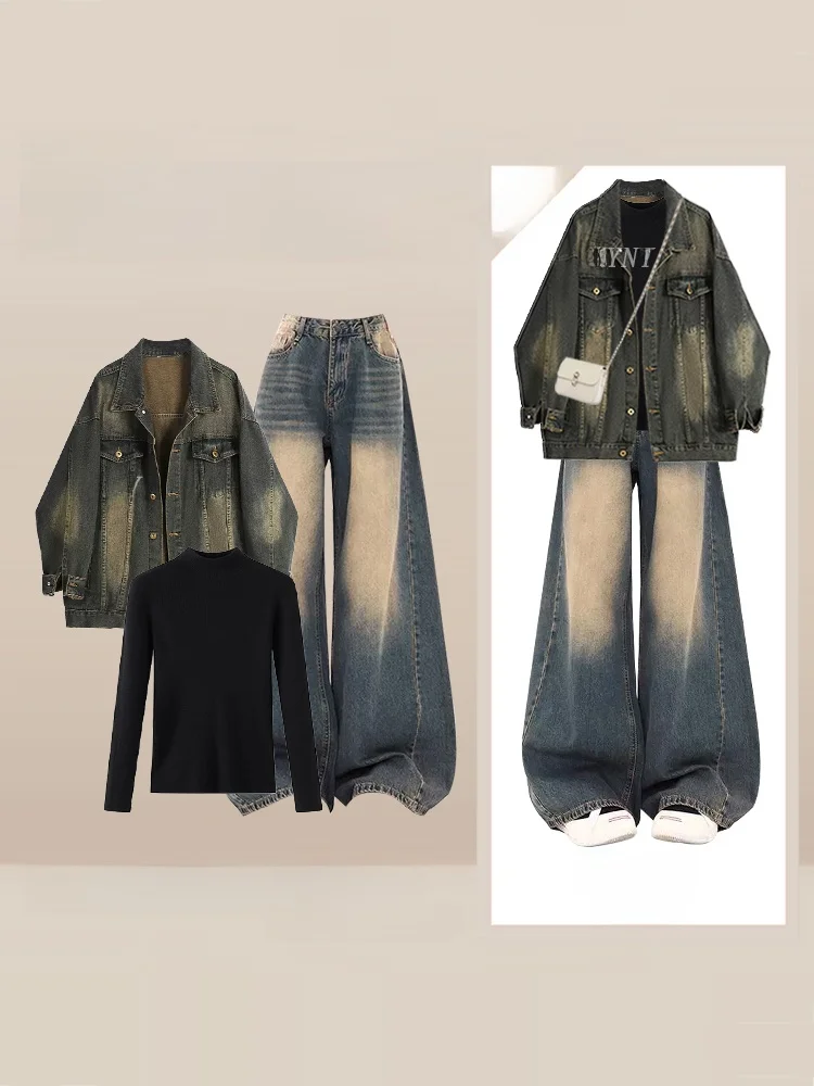 

Комплект из джинсовой куртки и брюк в стиле ретро из Гонконга для женщин: укороченная джинсовая куртка с длинным рукавом и облегающие джинсы, осенне-зимний комплект из двух предметов