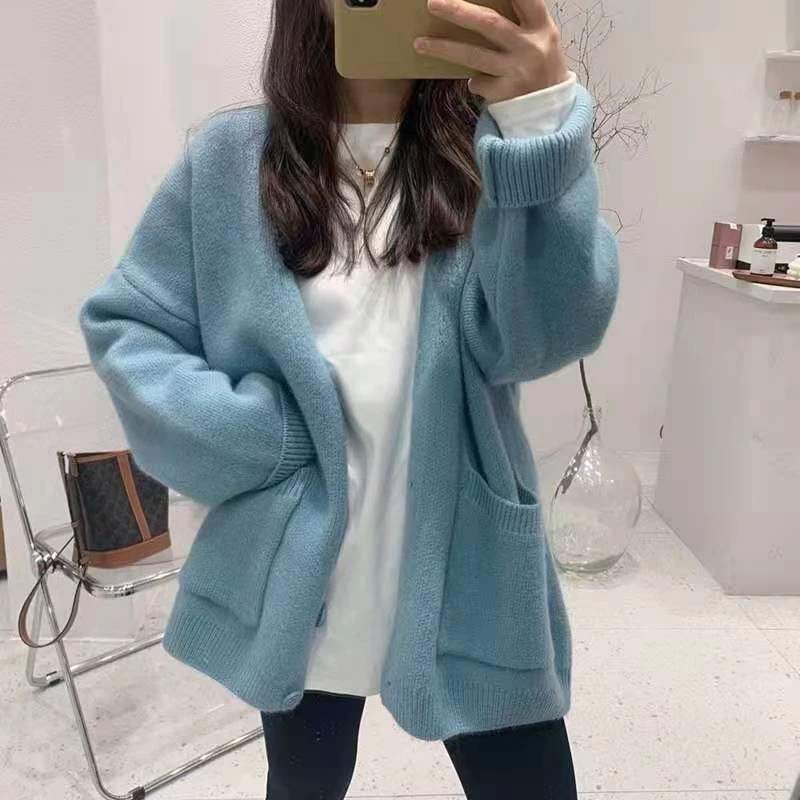 Women\'s Sweater Coat Autumn Korean Loose Solid Color Knitted Cardigan with Button V Neck Oversized Sweaters for Women