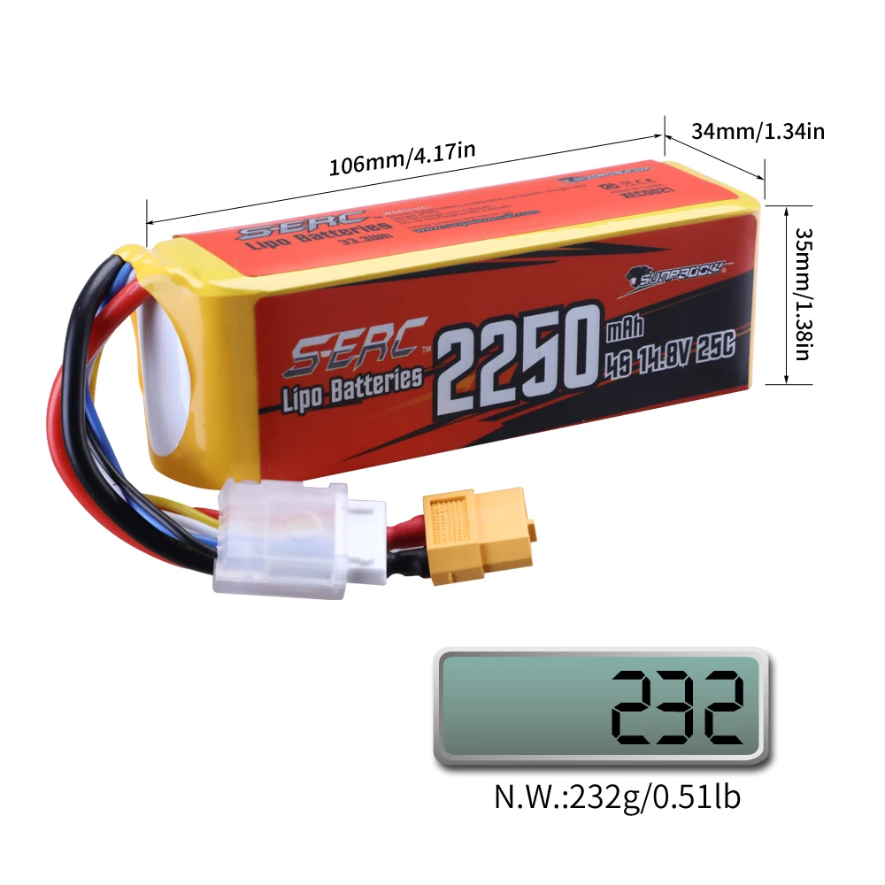 2 pacchi Sunpadow 14.8V 4S RC Lipo batteria 25C 2250mAh con spina XT60 per RC aereo Quadcopter elicottero Drone FPV Racing Hobby