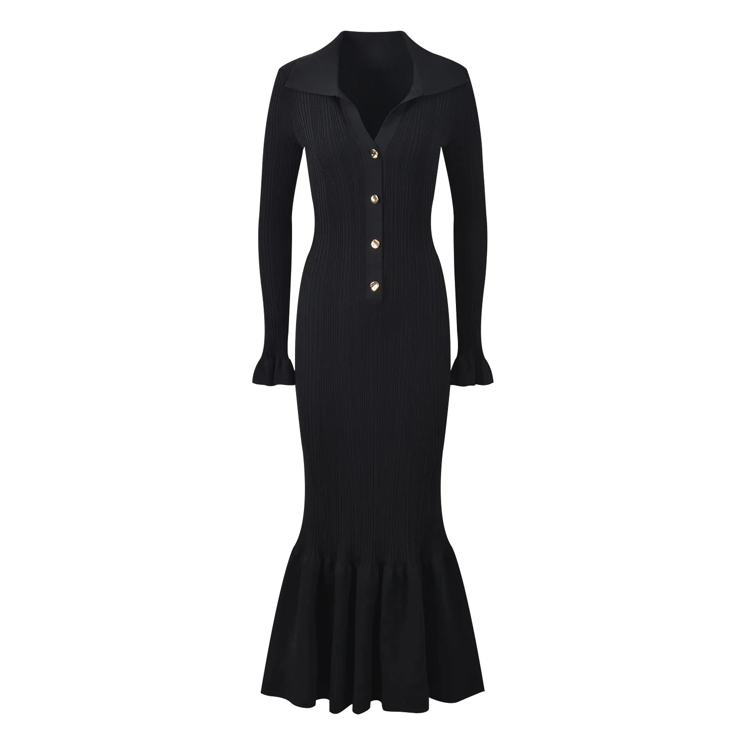 

Lady Fall Winter Turn-down Collar Flared Long Sleeve Stitching Slim Fitted Women Single-breasted Knits Long Solid Dress