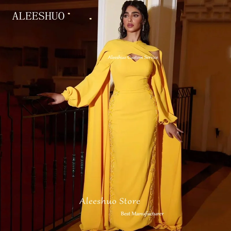 Cleeshuo-Robe de Soirée de Forme Sirène Jaune à Manches sulf, Tenue de Bal Sexy, Découpée, Longueur au Sol, à la Mode