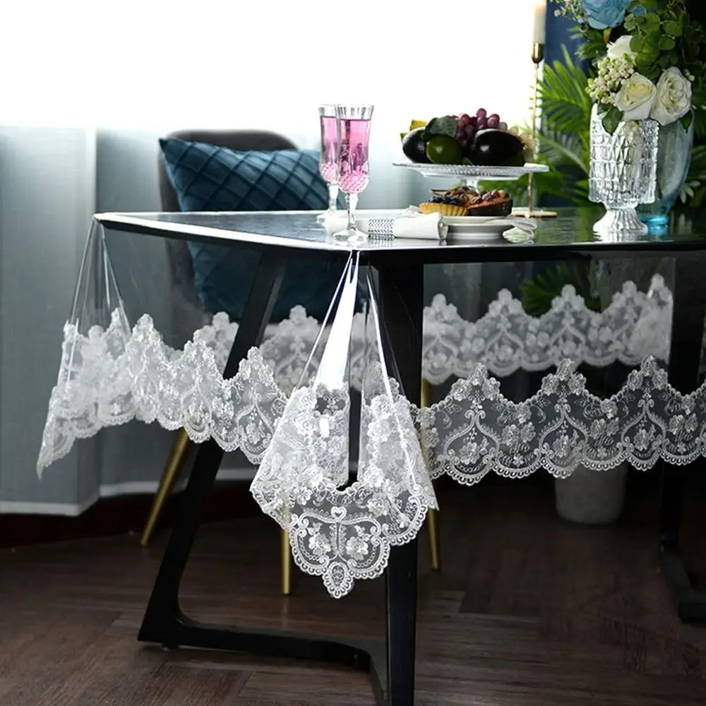 White Rectangle Waterproof PVC Tablecloth with Lace Macrame, 60x106, Oil Resistant, Ideal for Dining and Celebrations