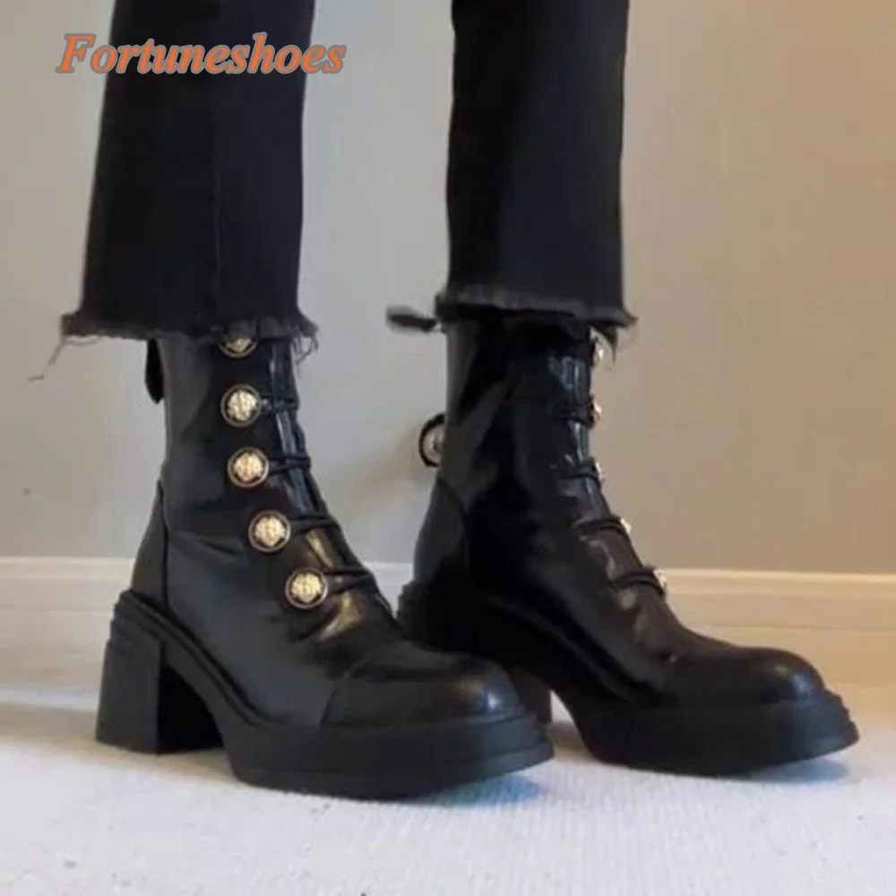 Botão de metal botas de dedo do pé redondo salto grosso meados de bezerro sólido volta zíper botas femininas 2025 mais novo primavera/outono moda botas casuais