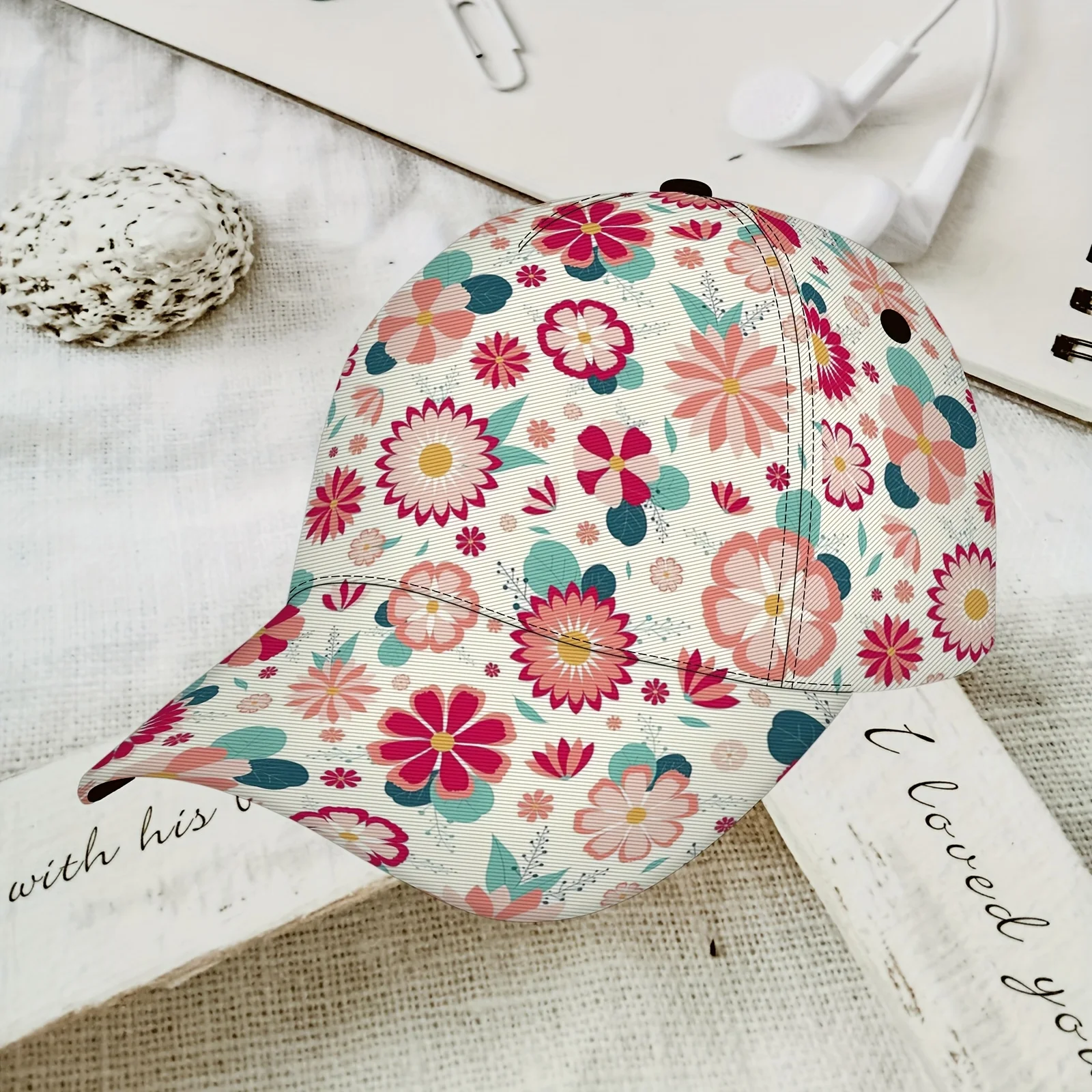 Pink Coral Floral Print Baseball Cap Cute Daisy Pattern Adjustable Dad Hat Breathable Sun Hat for Women Spring Style Lovers