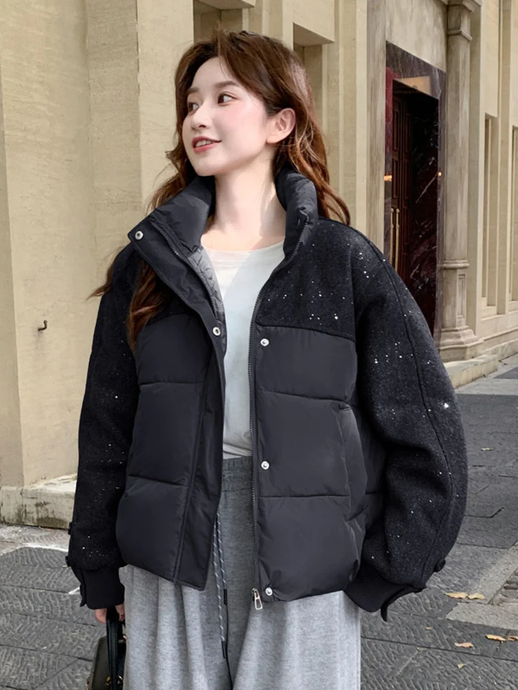 

Korean Style Stand Collar Sequin Splicing down Cotton Jacket Women's Short Warmth High-End Feeling Cotton Coat Outerwear
