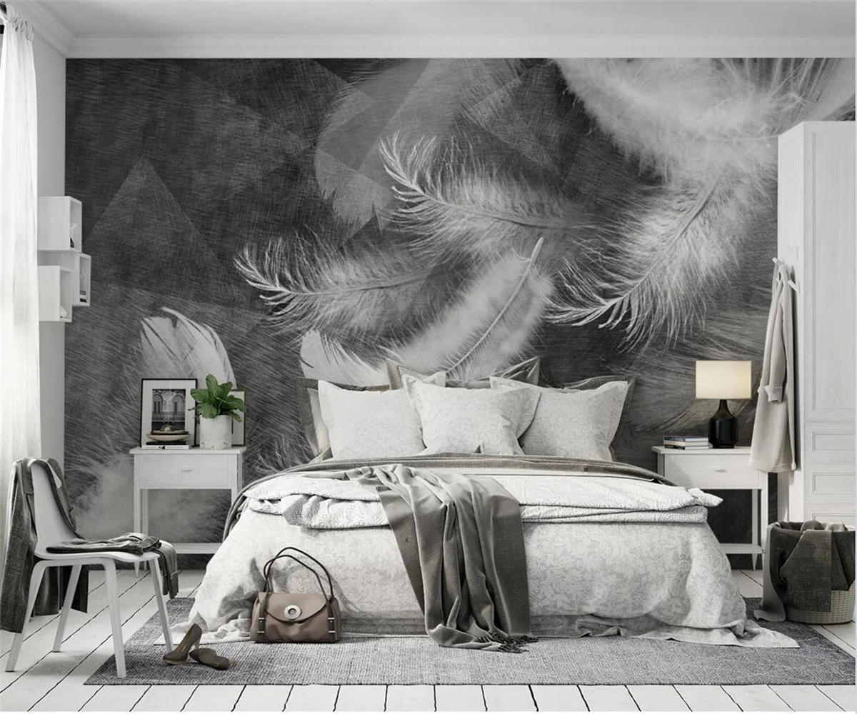 Custom wallpaper 3D mural Creative black and white feather TV background wall living room bedroom decorative 3d wallpaper