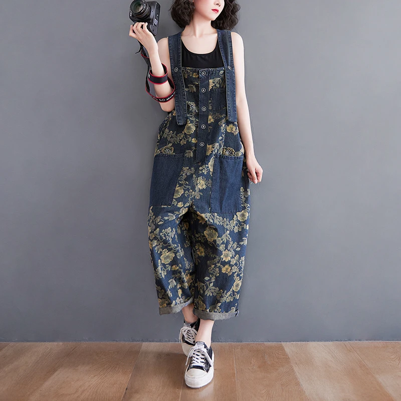 

Faionable Denim Overalls Women's Summer New plus Size Wide Leg One-Piece Pants High Waist Nine-Piece Thermal Constant Tempe...
