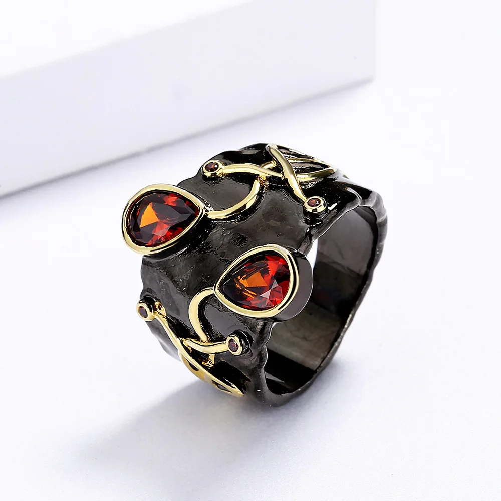 

925 Silver Exquisite Women's Ring Black Gold Winding Design Red AAAA Zircon Ring Creative Black Gold Jewelry Party Gift Ring