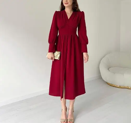 

2025 Spring New Solid Color V-Neck Long Sleeve Multi Button Split Splicing Dress