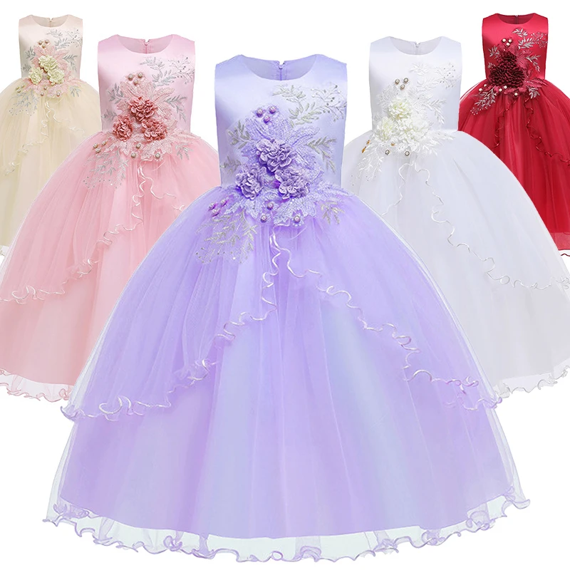 

High Quality 5-14 Years Children's Embroidered Flower White Formal Dress Pageant Girl Fluffy Tulle Wedding Elegant Party Dresses