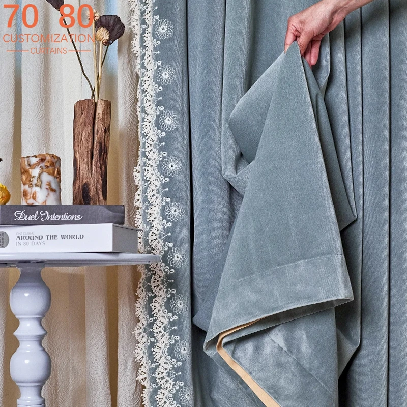 French Lace Blue Velvet Embroidery Patchwork Blackout Curtains for Bedroom Living Room French Window Villa Customized Finished