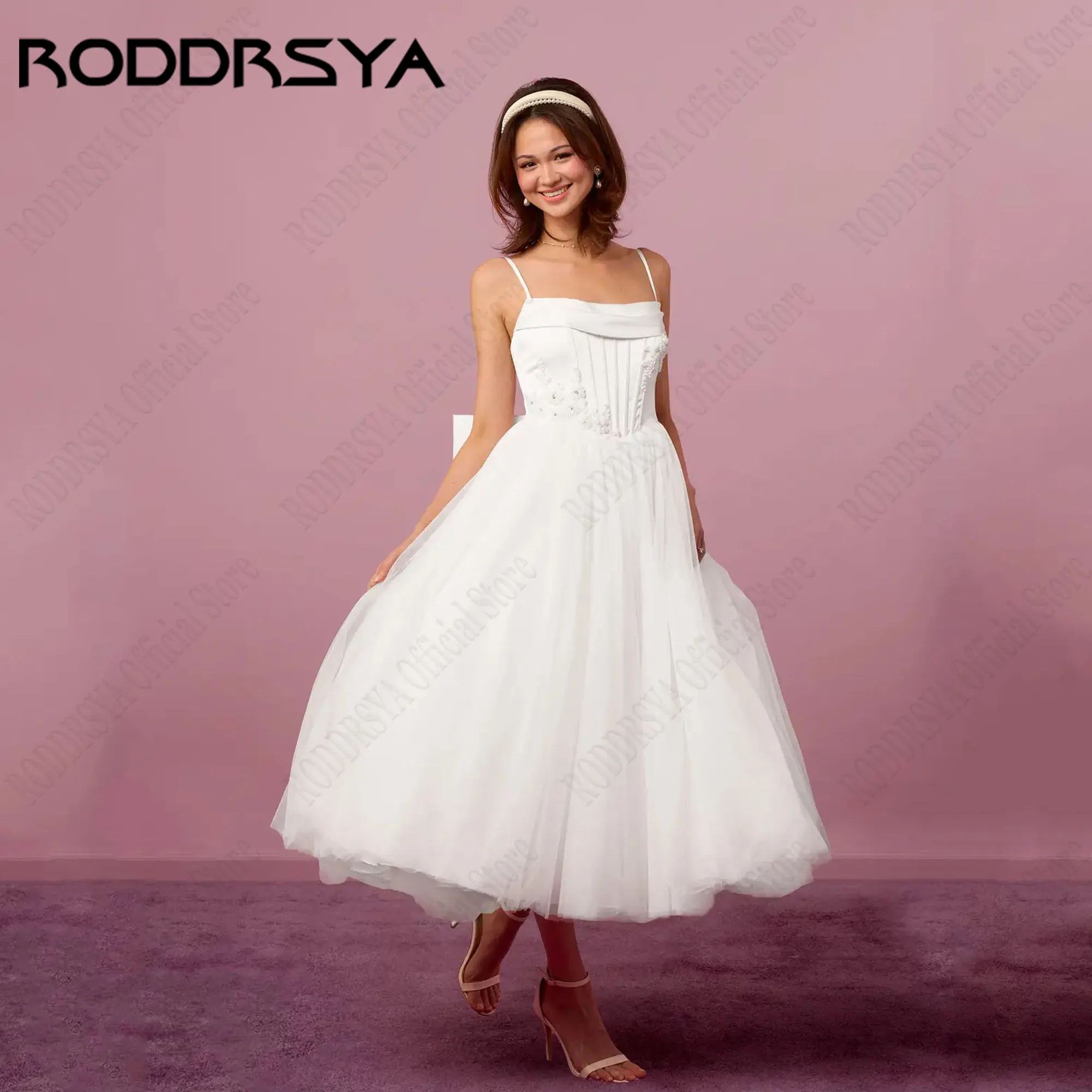 RODDRSYA A Linha Vestidos De Casamento Sem Mangas Com Arco Destacável Spaghetti Straps 3D Flor Noiva Vestidos Lace Up vestido Personalizado A linha de vestidos de casamento sem mangas com arco destacável cintas de espa