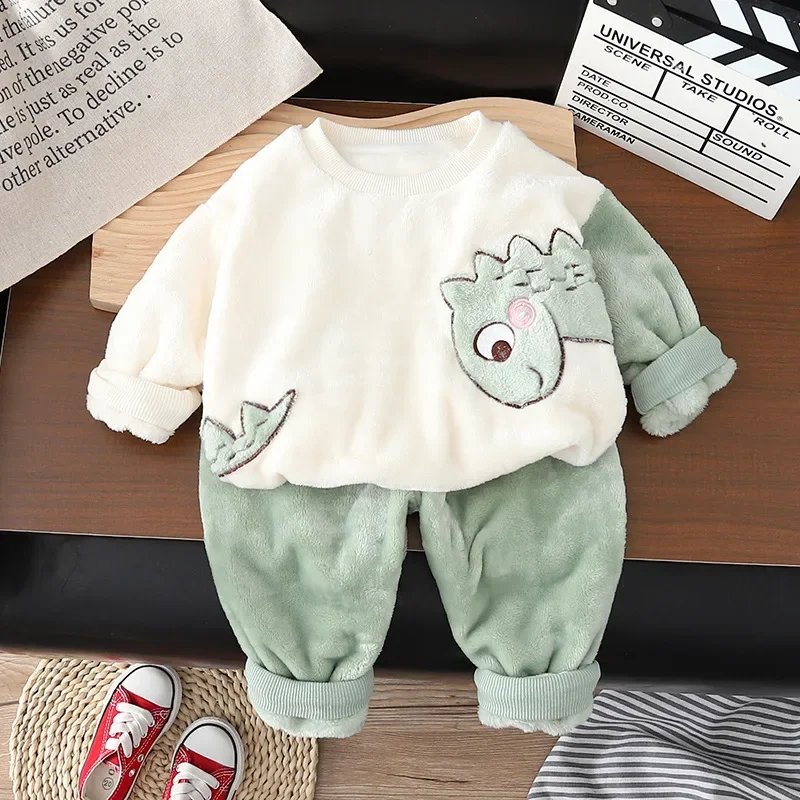 

2024 Autumn Winter Children Boy 2PCS Clothes Set Dinosaur Spliced Sweatshirt Solid Fleece Pant Baby Boy Sleepsuit Kid Boy Outfit