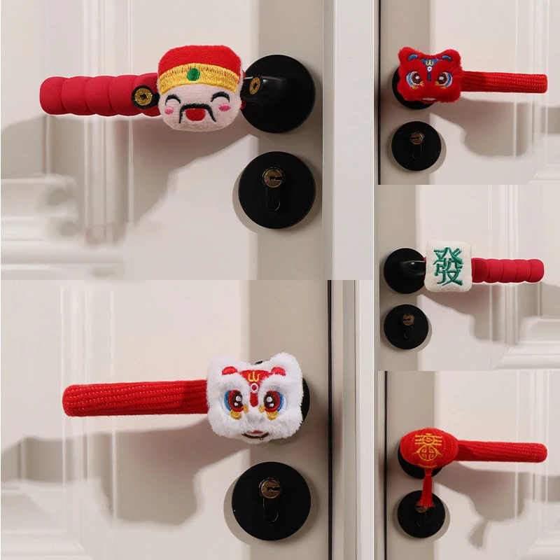 1/2Pcs Cute Cartoon Door Handle Cover New Year Lion Dance Door Handle Protective Door Handle Cover Anti-Collision Door Decor