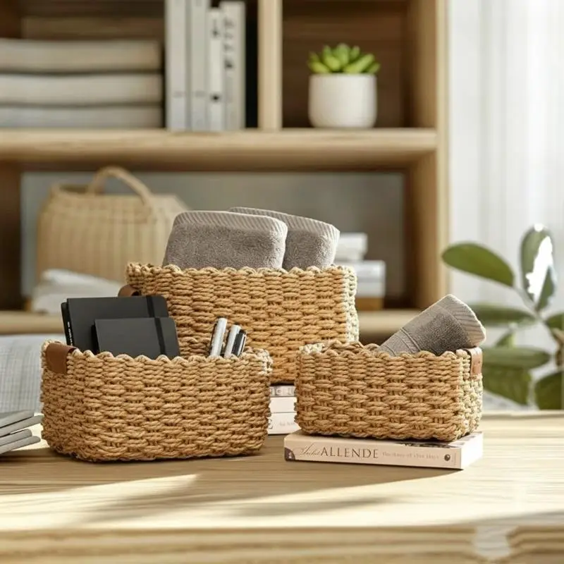Paper Rope Storage Basket with Handle Sturdy Load-Bearing for Pet Supplies Organizing Decorative Christmas Gift Basket