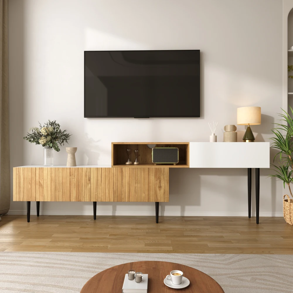 Moderner TV-Schrank mit verstellbarer Länge, Holzoptik + weiß matt, schwarze Metallbeine, multifunktionale Wohnzimmermöbel – Detail 3