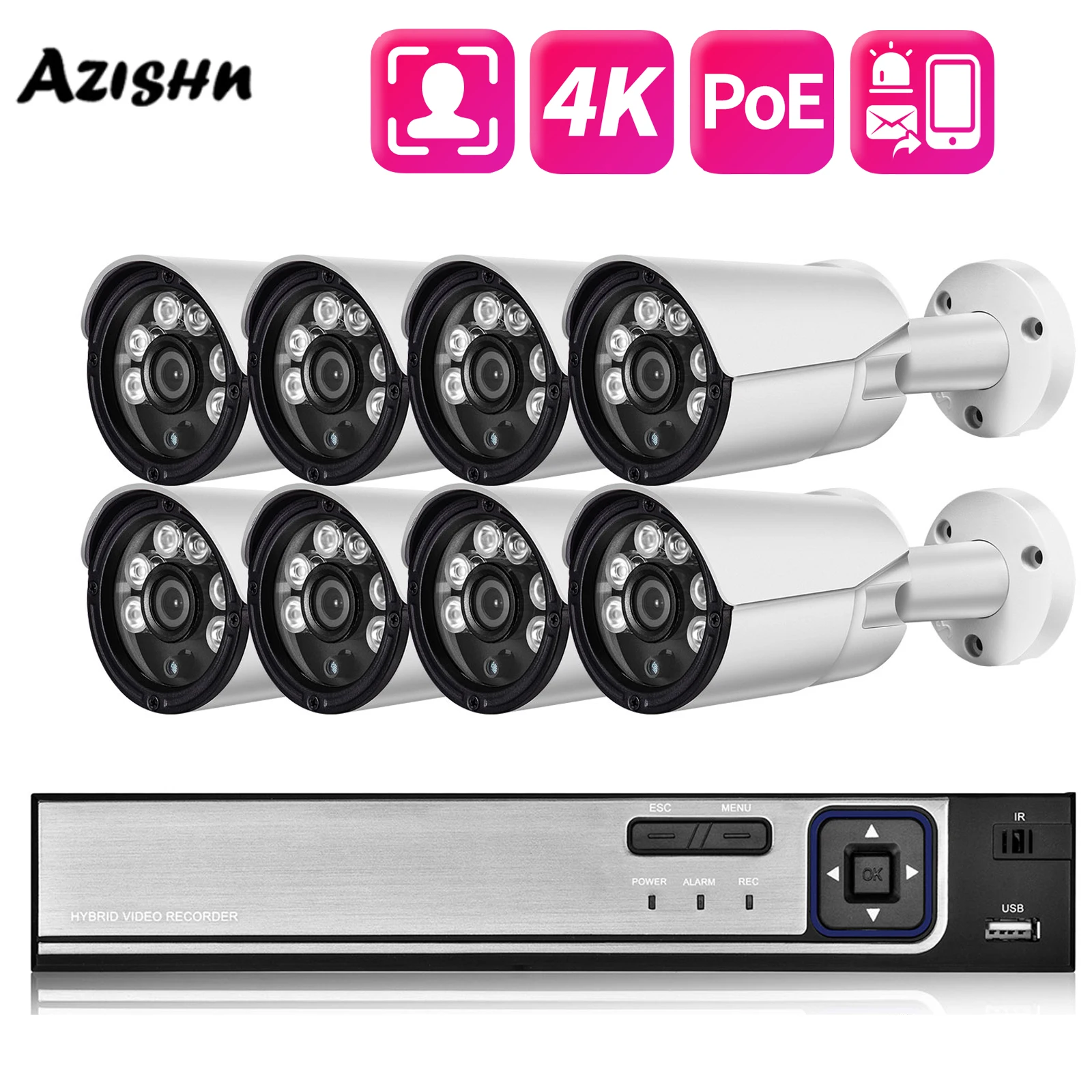 AZISHN Outdoor Night Vision Panoramic 8MP 4KIP IP Camera Kit 4/8 Channel POE NVR Kit