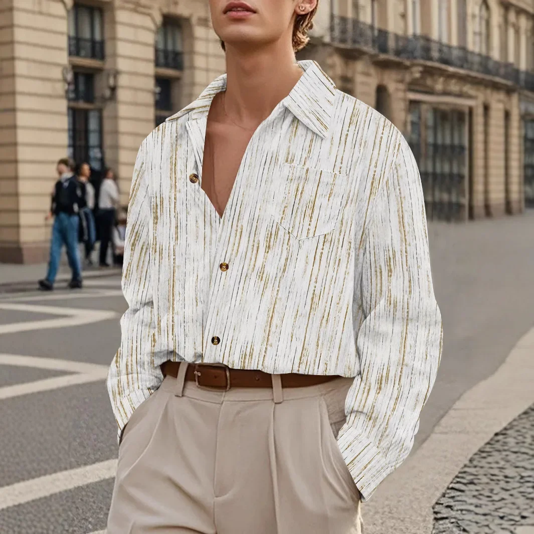 

Men New T Shirt Single Breasted Casual Shirts Turn Down Collar Cardigan Blouses Button Pockets Loose Fit Spring 2025 New Striped