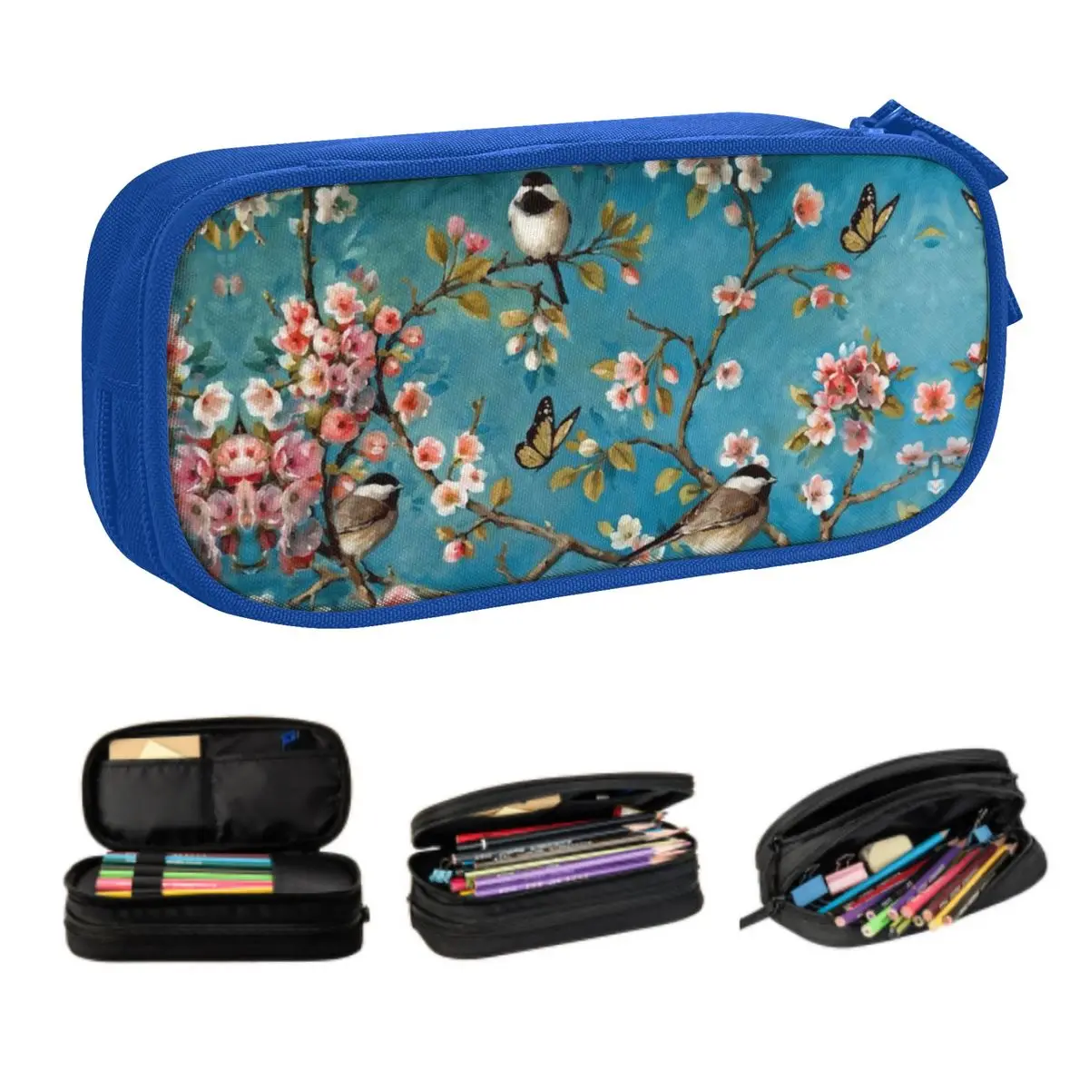 Custom Kawaii Cute Birds Cherry Blossom Flowers Pencil Case for Large Capacity Parrot Bird Pencil Pouch School Supplies