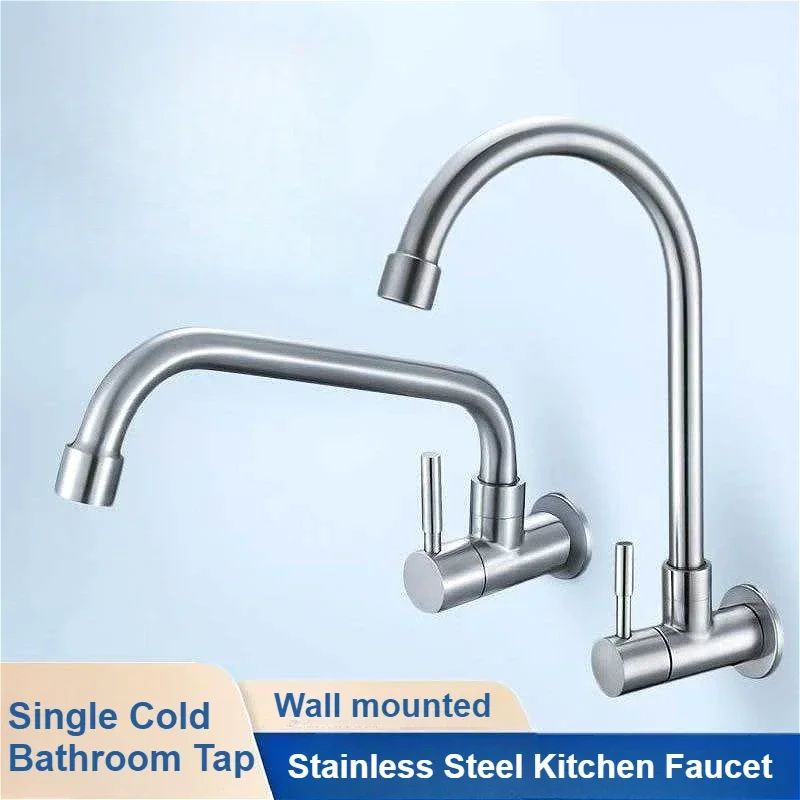 

Wall Mounted Kitchen Faucet Stainless Steel Single Cold Water Tap Household Sink WashBasin Tap Splash Proof Bathroom Faucets