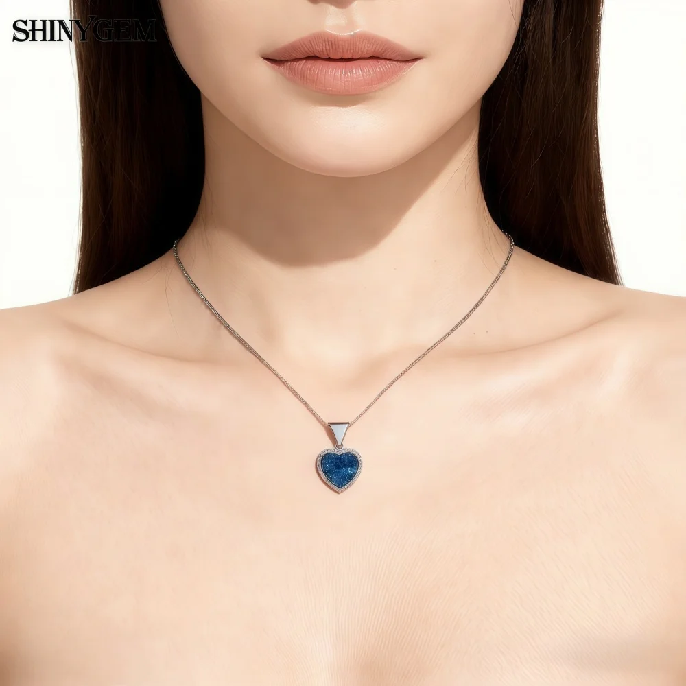 

SHINYGEM Natural Crystal Tooth Pendant DIY Heart-Shaped White Blue Crystal With Zirconium Bumpy-Surfaced Gemstone Woman Hanging