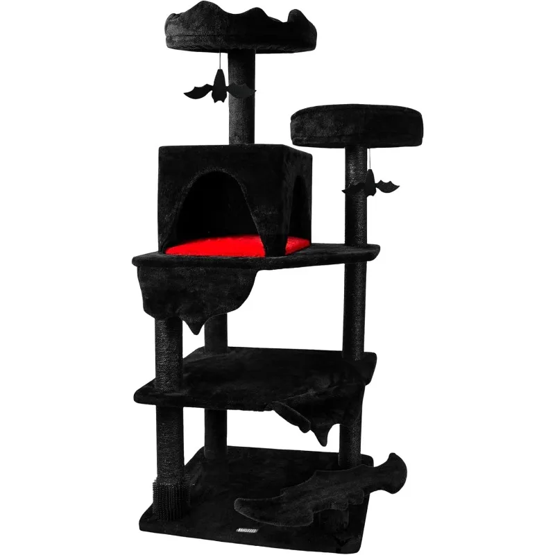 Gothic Cat Tree, 59” Black Cat Tower for Indoor Cats with Sisal Scratching Posts, Spacious Cat Condo, Self Groomer