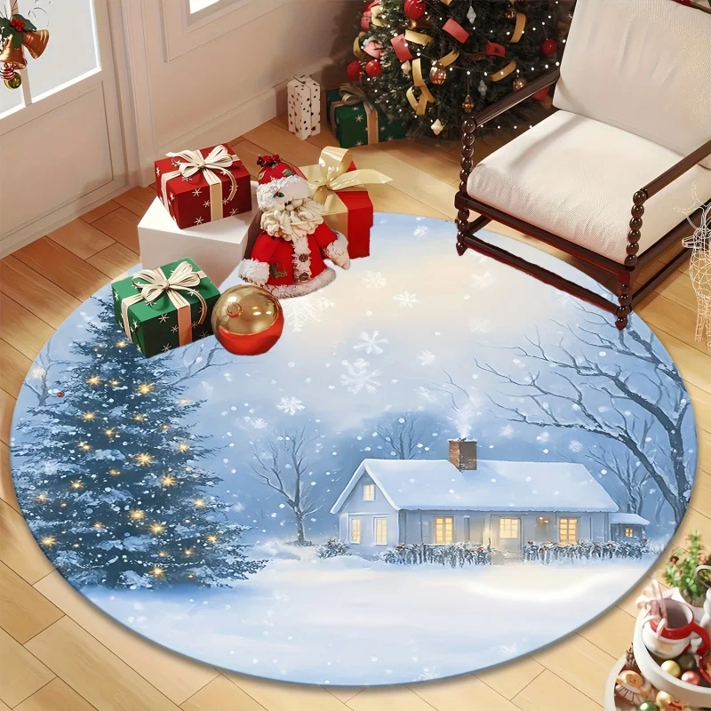 Light Blue Snow Cottage Round Carpet Snowy Cabin Shining Pine Tree Floating Snowflake Soft Watercolor Style Winter Holiday