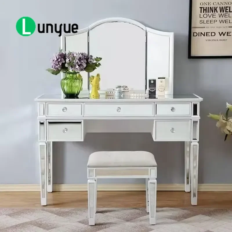 Modern Diamond Crush Dressing Table with Mirror MDF Vanity Set for Living Room Entryway Hotel Apartment Home Furniture Decor