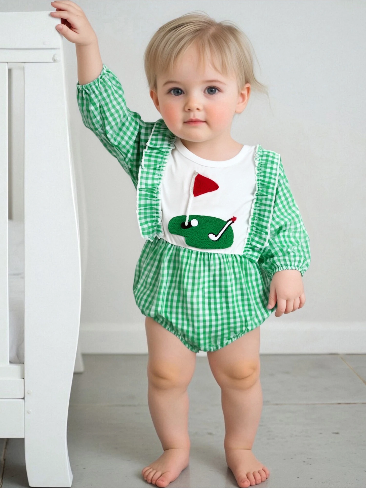 

Infant Baby Boys Girls Plaid Romper Long Sleeve Golf Embroidery Button Closure Autumn Clothing Playsuit Newborn Clothes